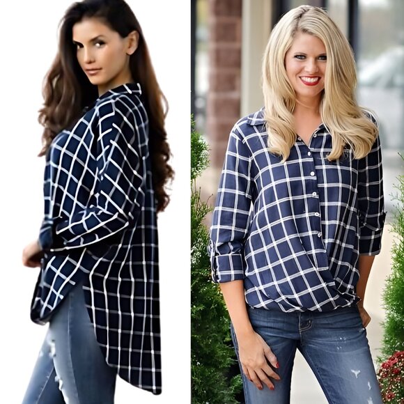 NEW NWT Womens Navy Blue Striped Plaid Button Up Lightweight Blouse Top LG or SM - Picture 2 of 6